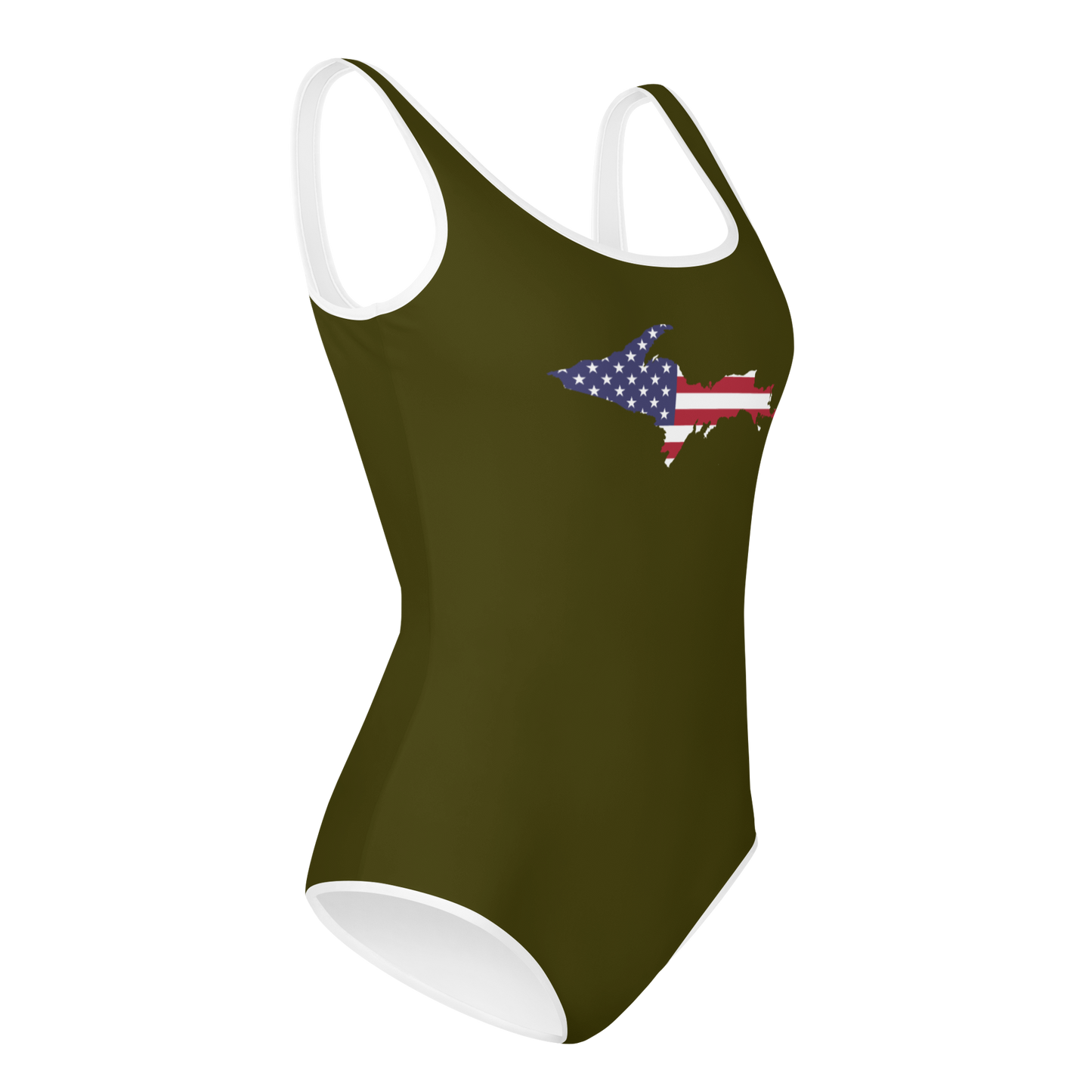 Michigan Upper Peninsula Youth Swimsuit (w/ UP Outline) | Military Green