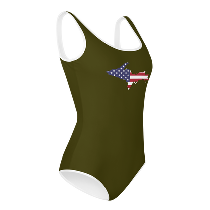 Michigan Upper Peninsula Youth Swimsuit (w/ UP Outline) | Military Green