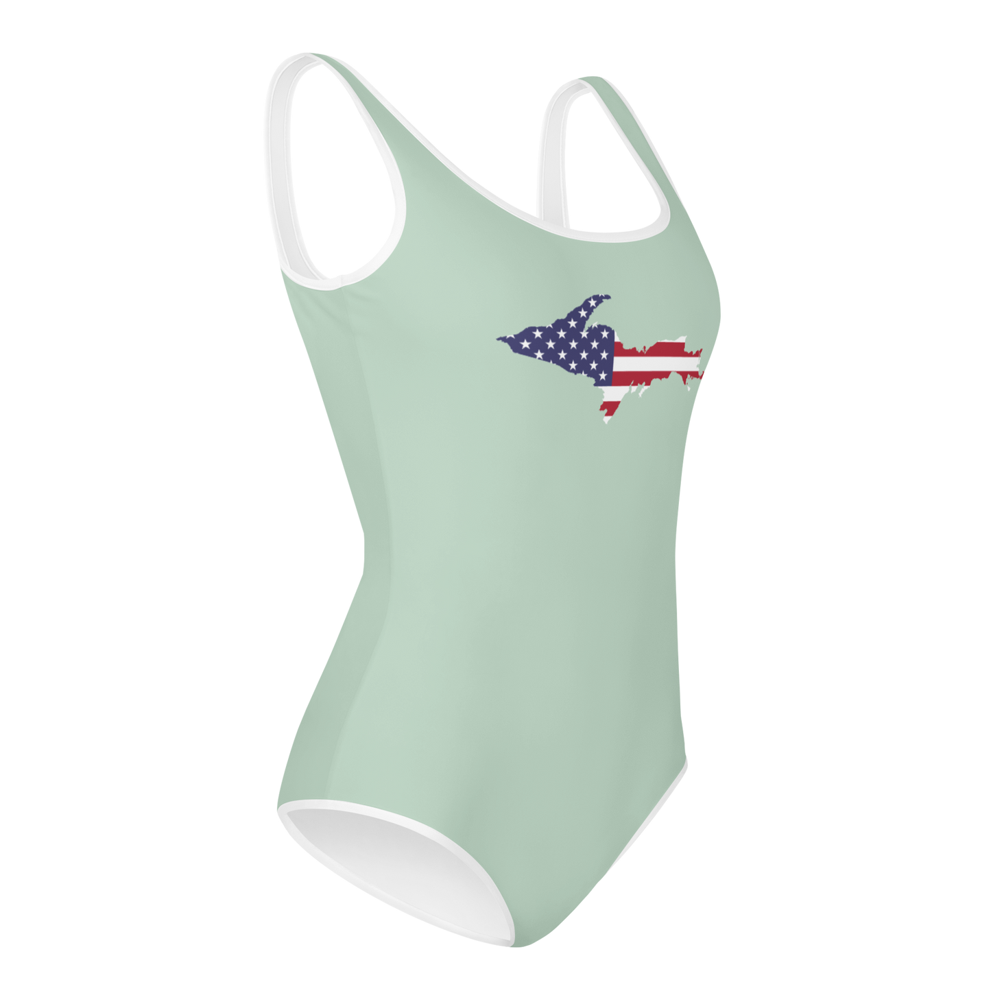 Michigan Upper Peninsula Youth Swimsuit (w/ UP Outline) | Sea Green