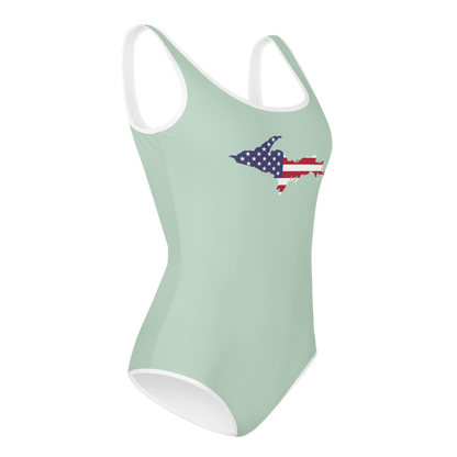 Michigan Upper Peninsula Youth Swimsuit (w/ UP Outline) | Sea Green