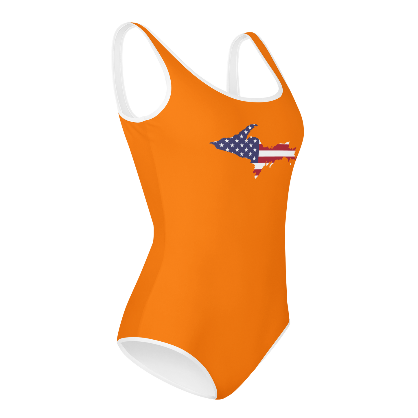 Michigan Upper Peninsula Youth Swimsuit (w/ UP Outline) | Safety Orange