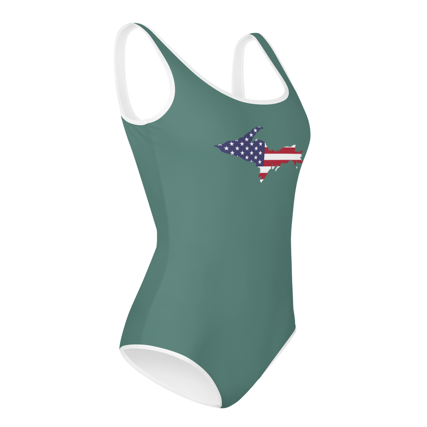 Michigan Upper Peninsula Youth Swimsuit (w/ UP Outline) | Copper Green