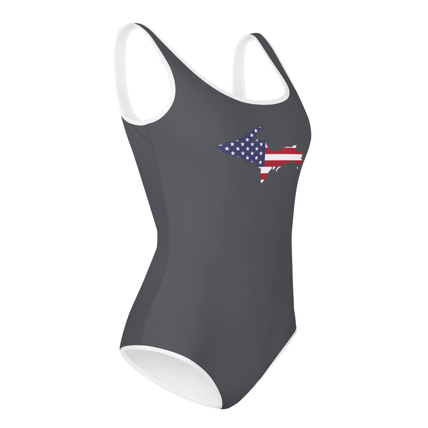 Michigan Upper Peninsula Youth Swimsuit (w/ UP Outline) | Iron Ore Grey