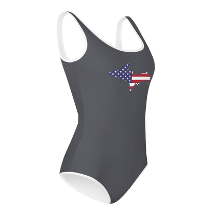 Michigan Upper Peninsula Youth Swimsuit (w/ UP Outline) | Iron Ore Grey