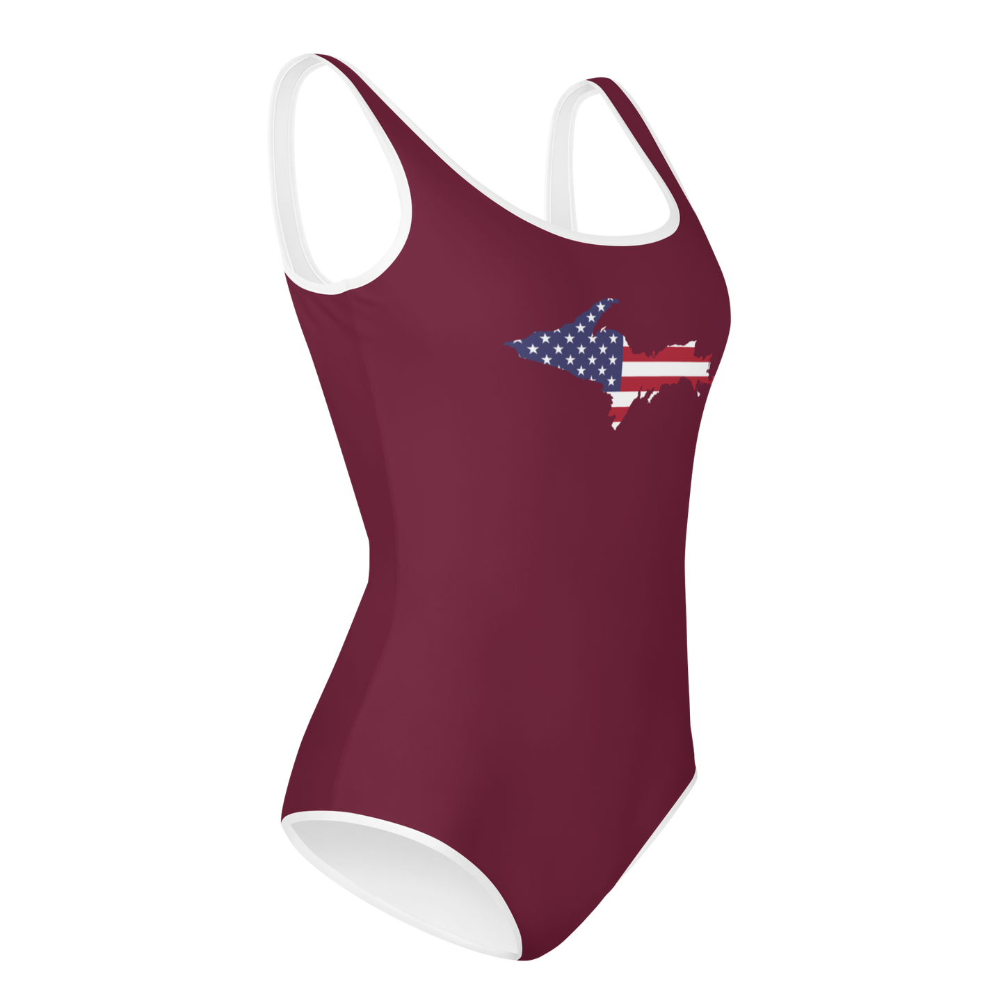 Michigan Upper Peninsula Youth Swimsuit (w/ UP Outline) | Old Mission Burgundy