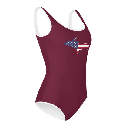 Michigan Upper Peninsula Youth Swimsuit (w/ UP Outline) | Old Mission Burgundy