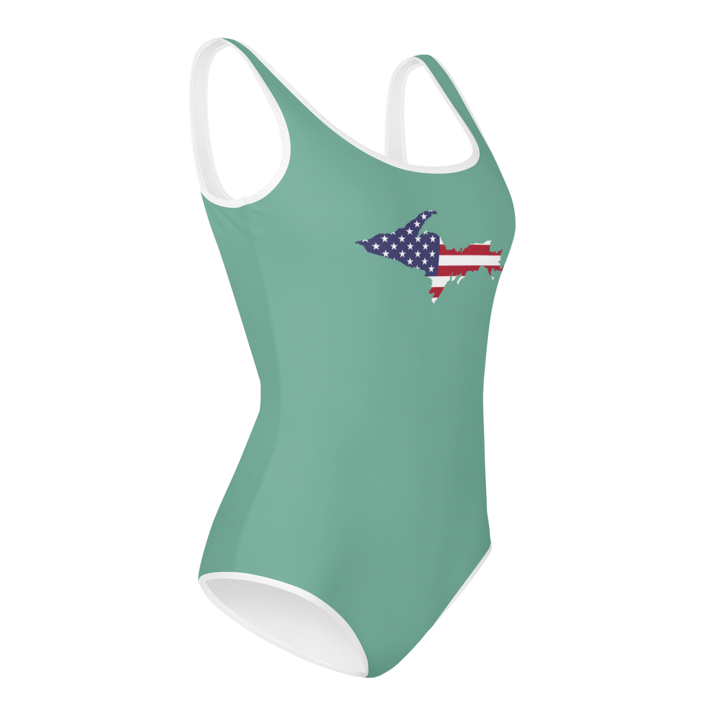 Michigan Upper Peninsula Youth Swimsuit (w/ UP Outline) | Metallic Mint Green