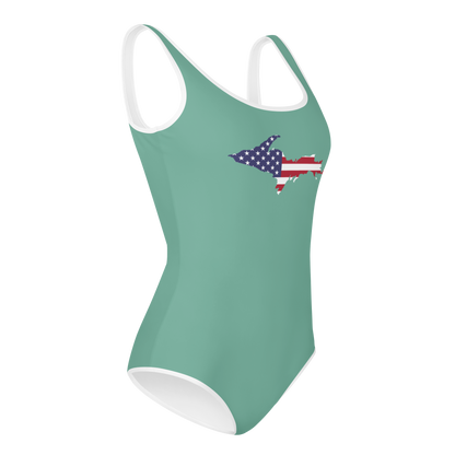 Michigan Upper Peninsula Youth Swimsuit (w/ UP Outline) | Metallic Mint Green