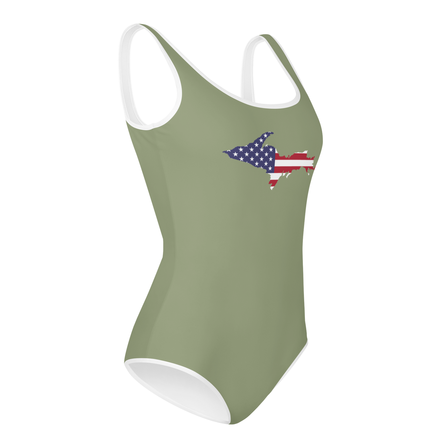 Michigan Upper Peninsula Youth Swimsuit (w/ UP Outline) | Beachgrass Green