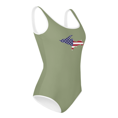 Michigan Upper Peninsula Youth Swimsuit (w/ UP Outline) | Beachgrass Green