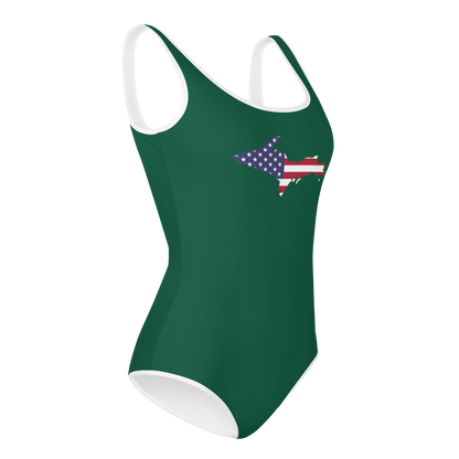 Michigan Upper Peninsula Youth Swimsuit (w/ UP Outline) | Superior Green