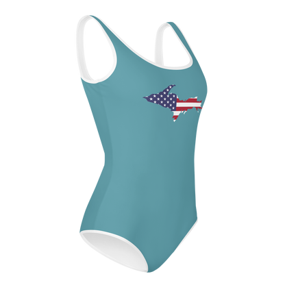 Michigan Upper Peninsula Youth Swimsuit (w/ UP Outline) | Lake Huron Blue