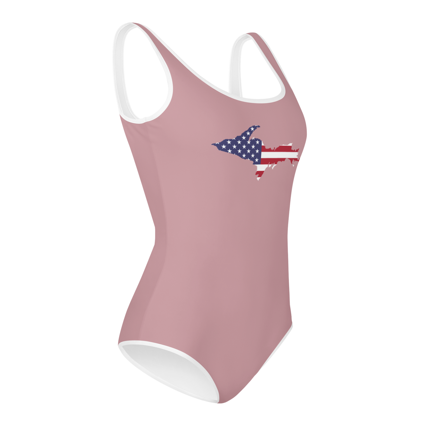 Michigan Upper Peninsula Youth Swimsuit (w/ UP Outline) | Cherry Blossom Pink