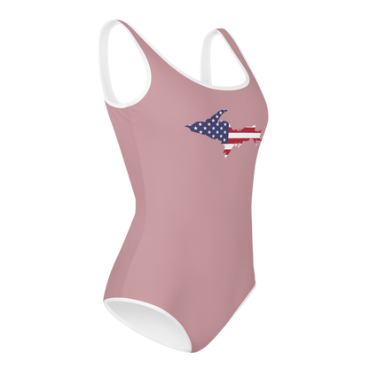 Michigan Upper Peninsula Youth Swimsuit (w/ UP Outline) | Cherry Blossom Pink