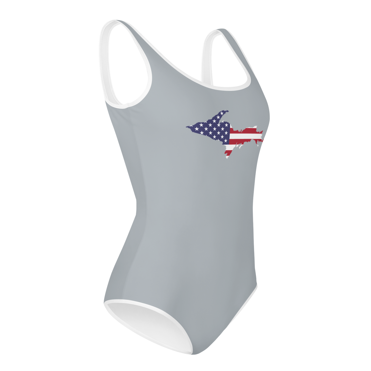 Michigan Upper Peninsula Youth Swimsuit (w/ UP Outline) | Silver