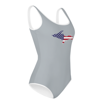 Michigan Upper Peninsula Youth Swimsuit (w/ UP Outline) | Silver