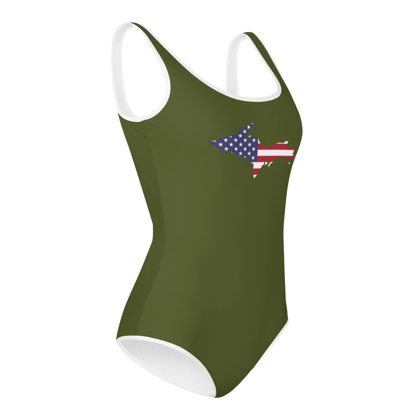 Michigan Upper Peninsula Youth Swimsuit (w/ UP Outline) | Army Green