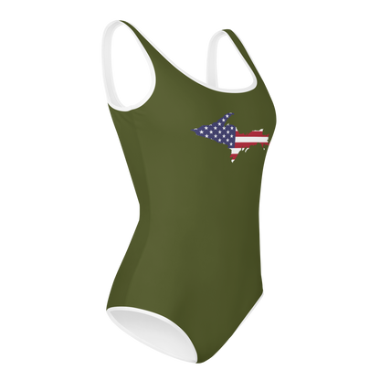 Michigan Upper Peninsula Youth Swimsuit (w/ UP Outline) | Army Green