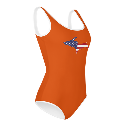 Michigan Upper Peninsula Youth Swimsuit (w/ UP Outline) | Maple Leaf Orange