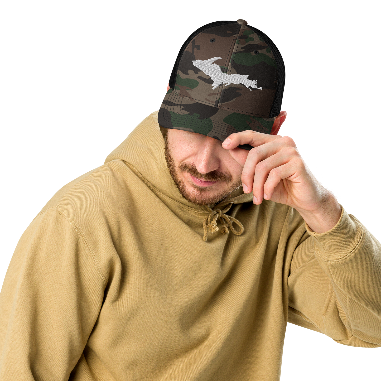 Michigan Upper Peninsula Camo Trucker Hat (w/ UP Outline)