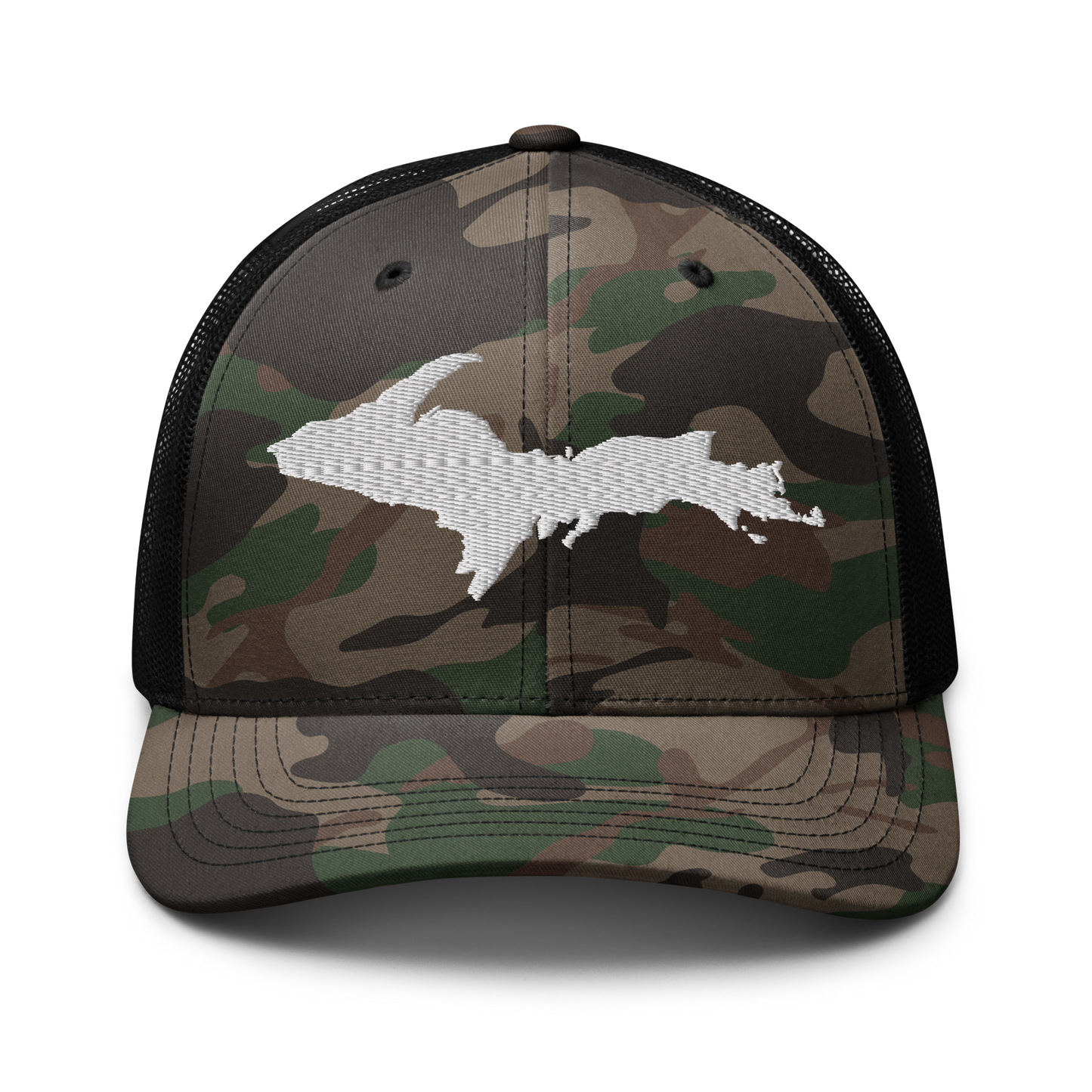 Michigan Upper Peninsula Camo Trucker Hat (w/ UP Outline)