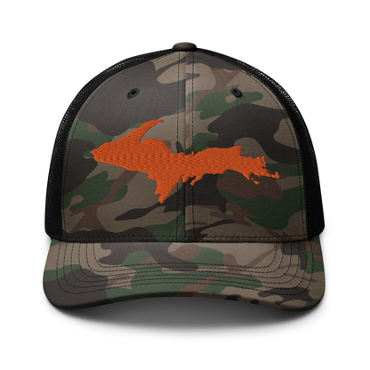 Michigan Upper Peninsula Camo Trucker Hat (w/ Orange UP Outline)