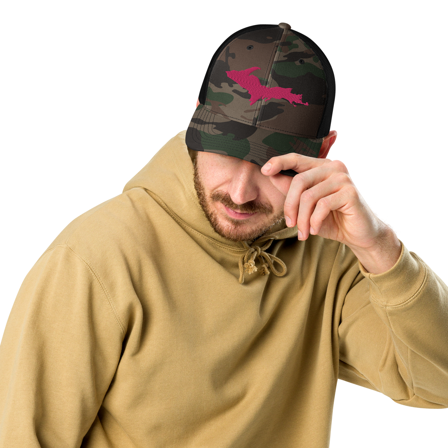 Michigan Upper Peninsula Camo Trucker Hat (w/ Pink UP Outline)