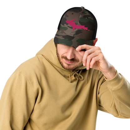 Michigan Upper Peninsula Camo Trucker Hat (w/ Pink UP Outline)