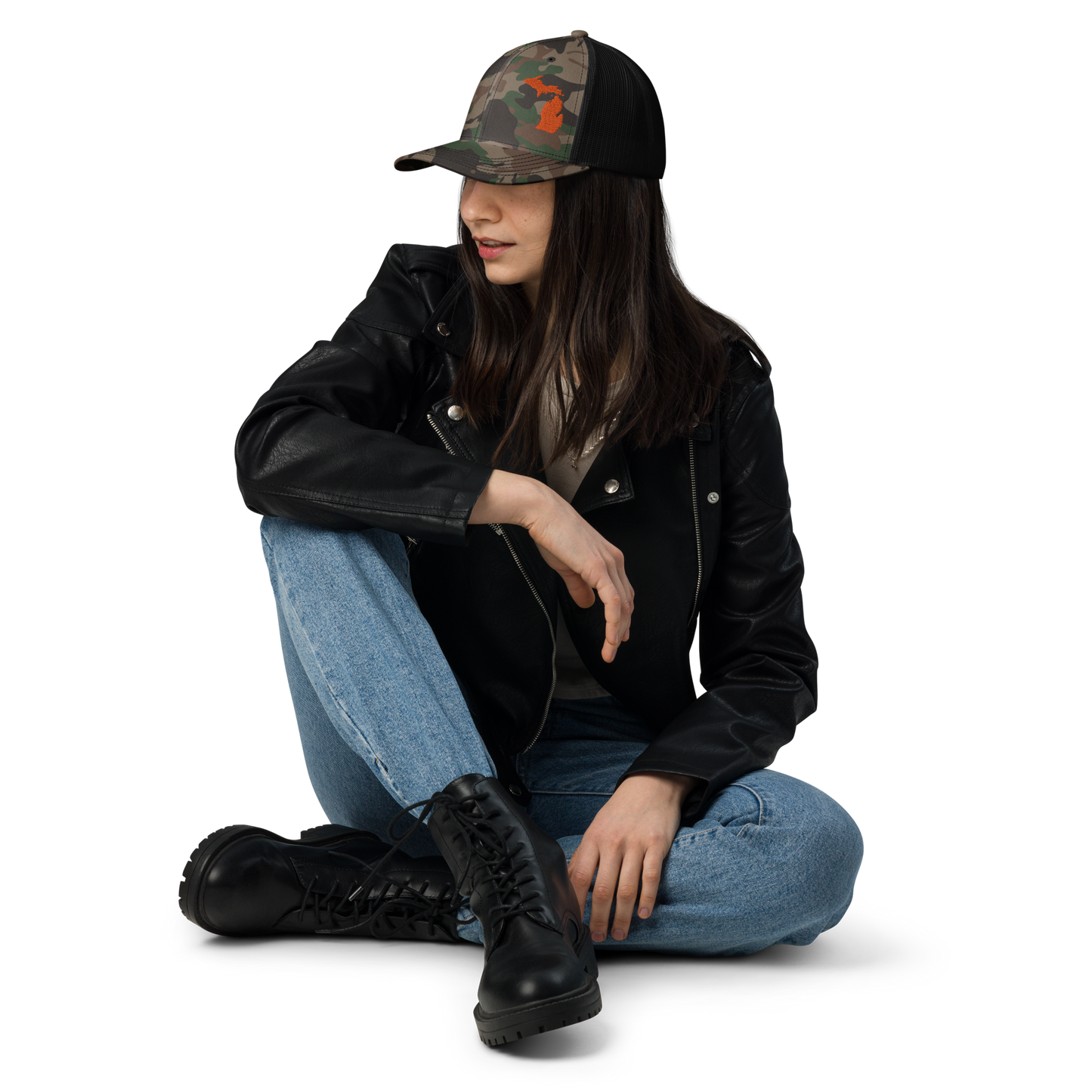 Michigan Camo Trucker Hat | Orange Outline