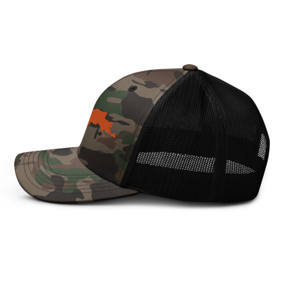 Michigan Upper Peninsula Camo Trucker Hat (w/ Orange UP Outline)