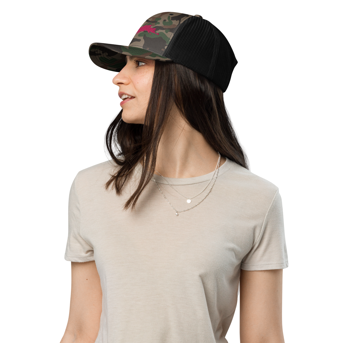 Michigan Upper Peninsula Camo Trucker Hat (w/ Pink UP Outline)