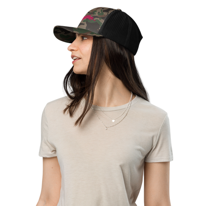 Michigan Upper Peninsula Camo Trucker Hat (w/ Pink UP Outline)