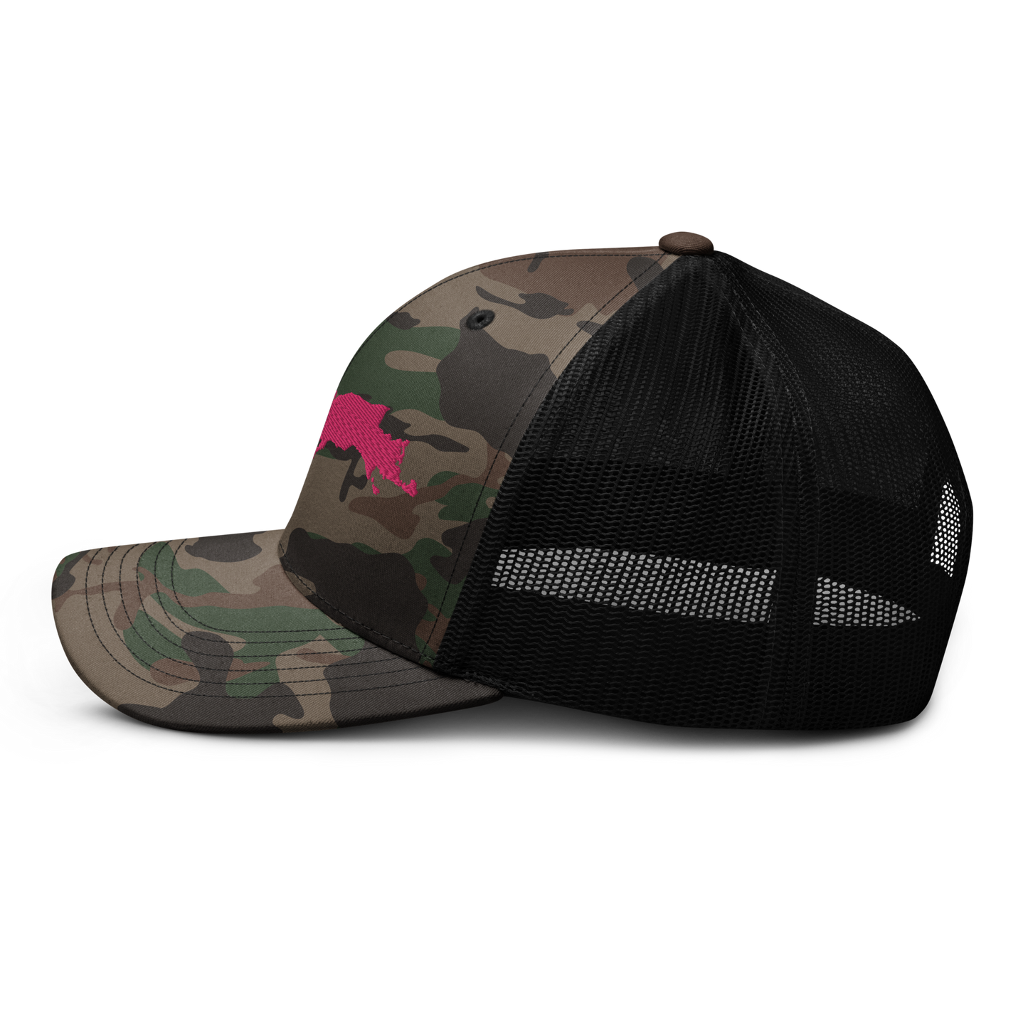 Michigan Upper Peninsula Camo Trucker Hat (w/ Pink UP Outline)