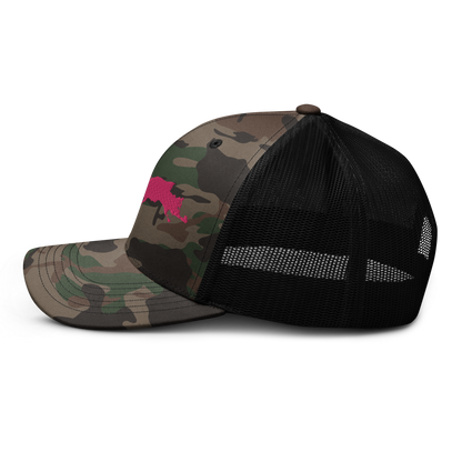 Michigan Upper Peninsula Camo Trucker Hat (w/ Pink UP Outline)