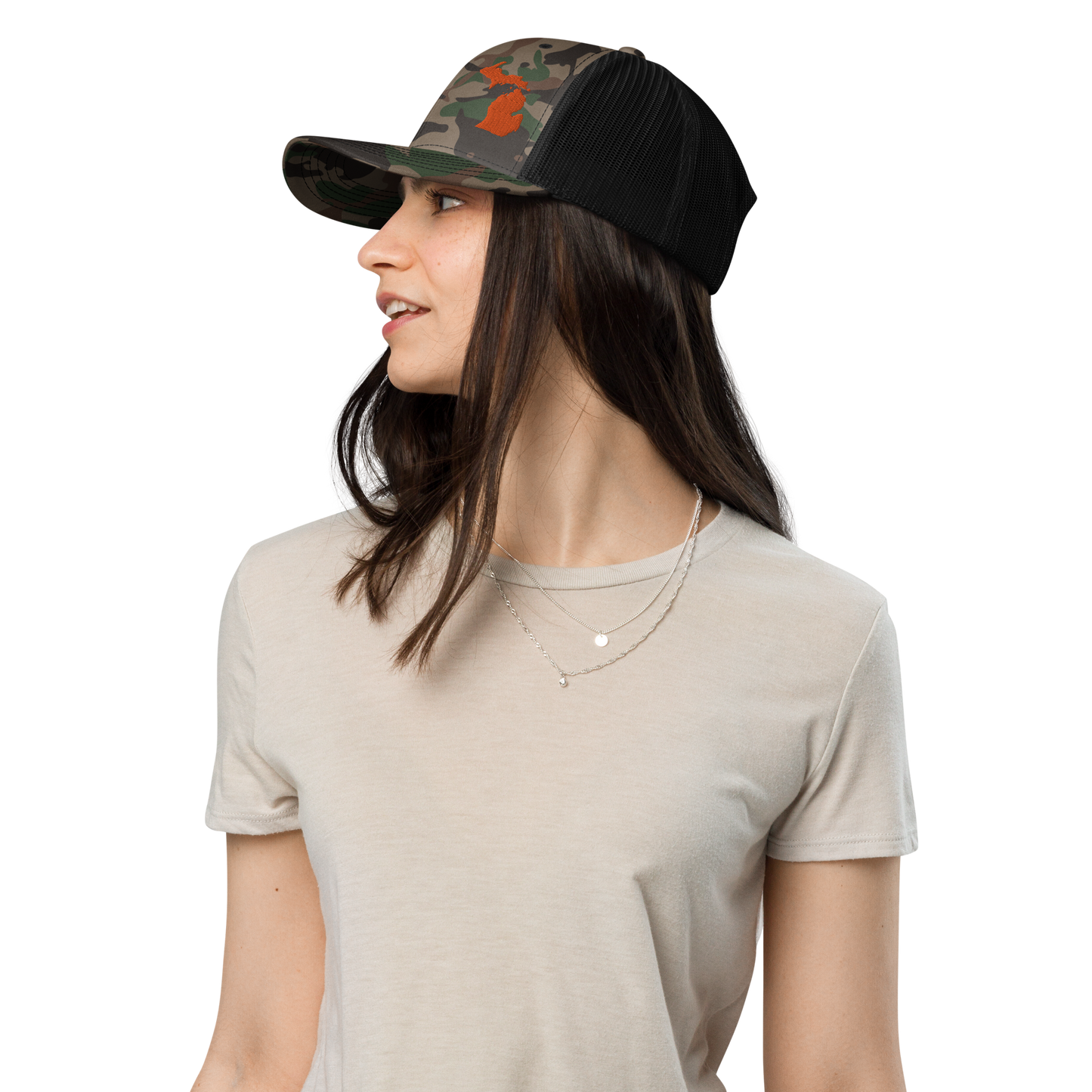 Michigan Camo Trucker Hat | Orange Outline