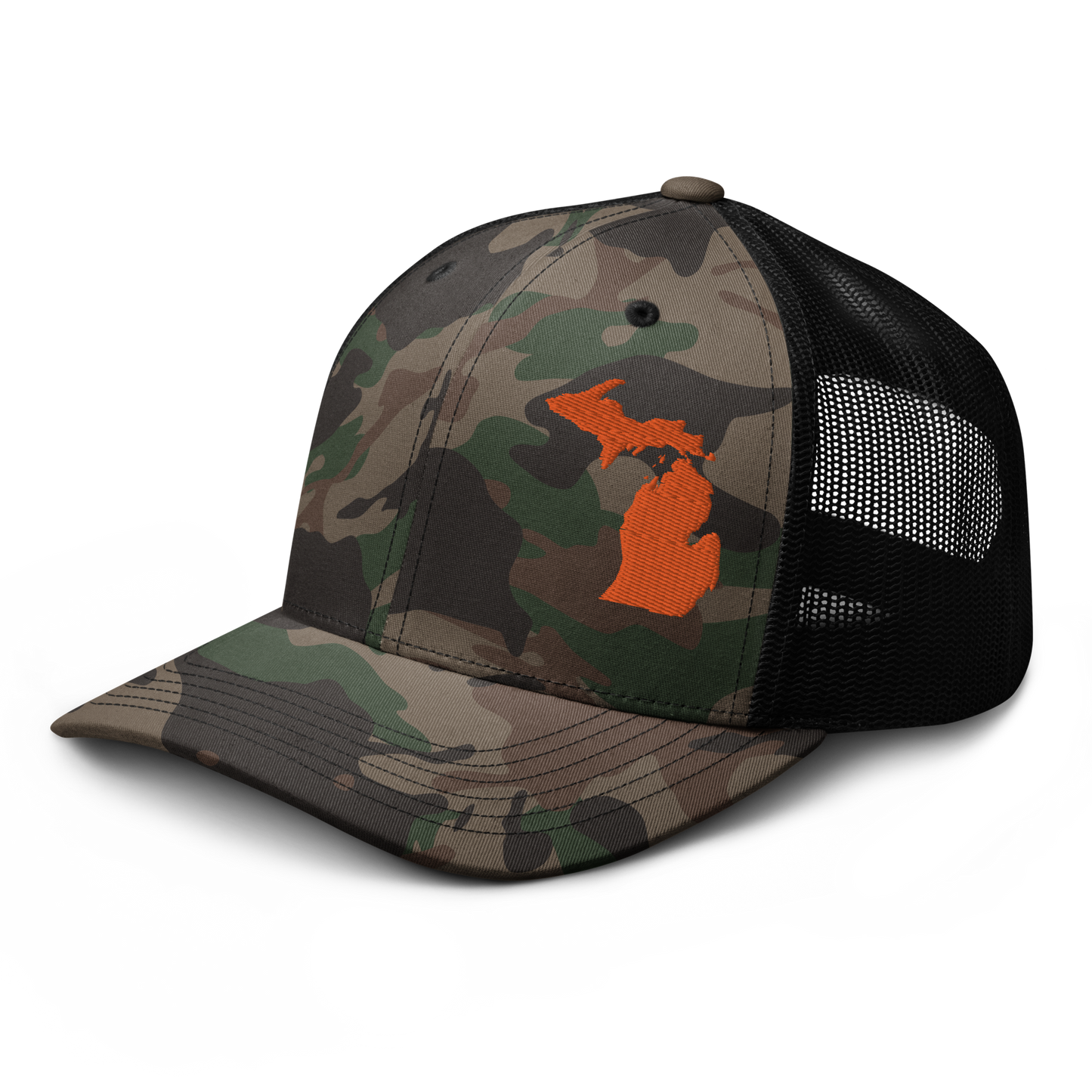 Michigan Camo Trucker Hat | Orange Outline