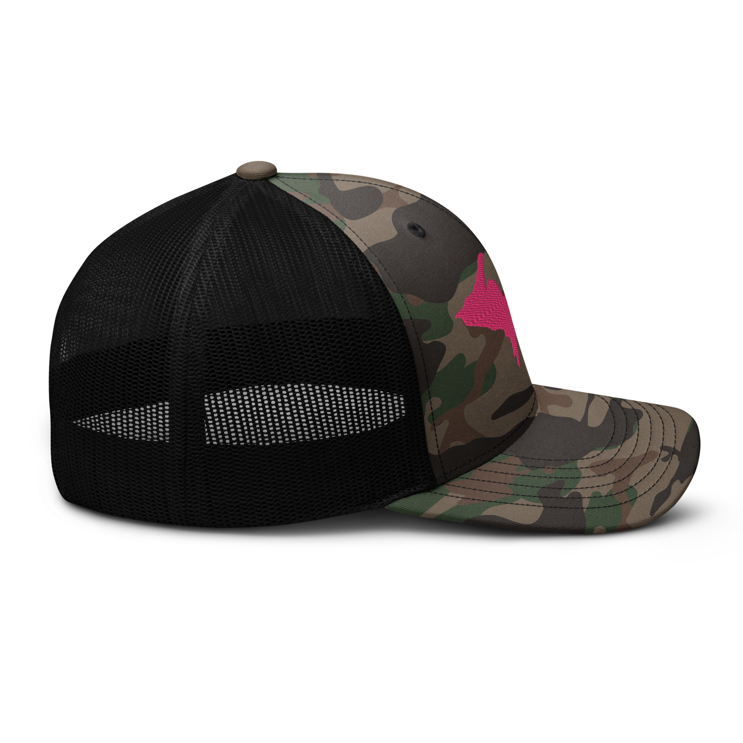 Michigan Upper Peninsula Camo Trucker Hat (w/ Pink UP Outline)