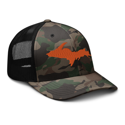 Michigan Upper Peninsula Camo Trucker Hat (w/ Orange UP Outline)