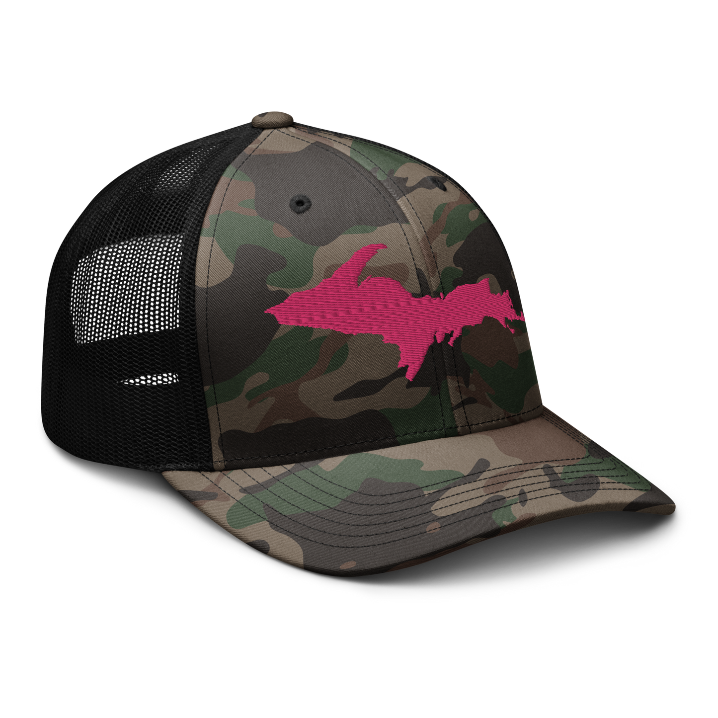 Michigan Upper Peninsula Camo Trucker Hat (w/ Pink UP Outline)