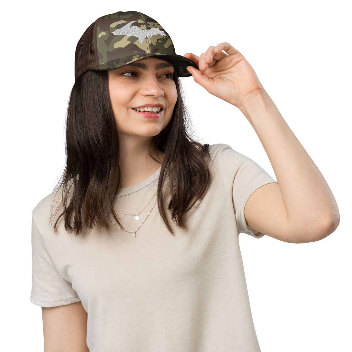 Michigan Upper Peninsula Camo Trucker Hat (w/ UP Outline)