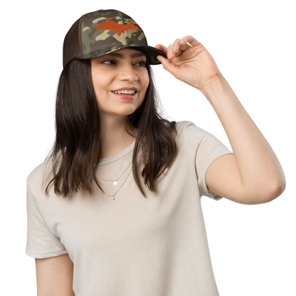 Michigan Upper Peninsula Camo Trucker Hat (w/ Orange UP Outline)