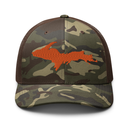 Michigan Upper Peninsula Camo Trucker Hat (w/ Orange UP Outline)