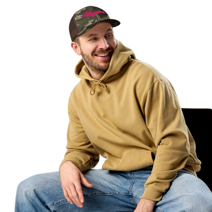 Michigan Upper Peninsula Camo Trucker Hat (w/ Pink UP Outline)