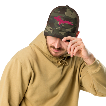 Michigan Upper Peninsula Camo Trucker Hat (w/ Pink UP Outline)