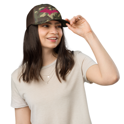 Michigan Upper Peninsula Camo Trucker Hat (w/ Pink UP Outline)