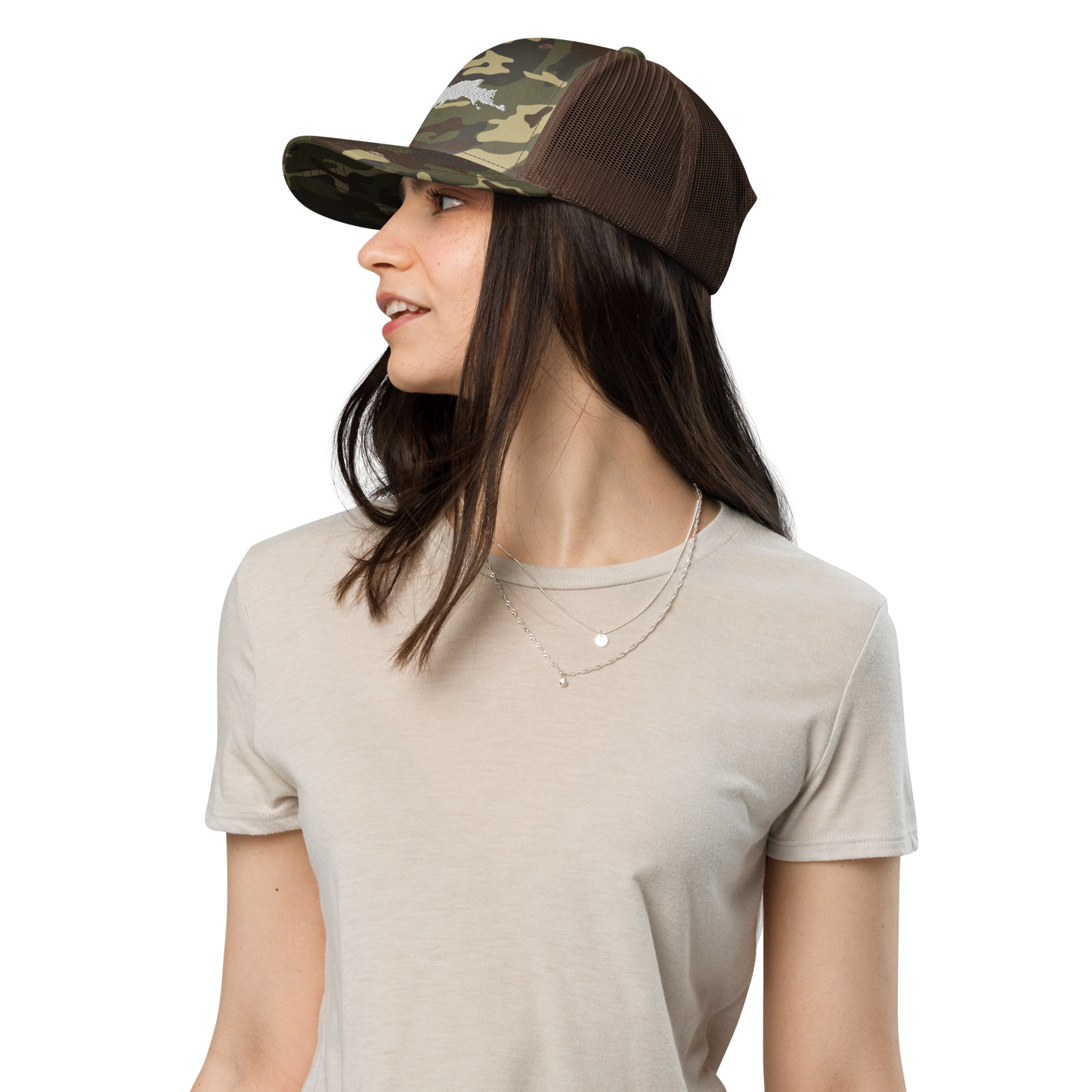 Michigan Upper Peninsula Camo Trucker Hat (w/ UP Outline)