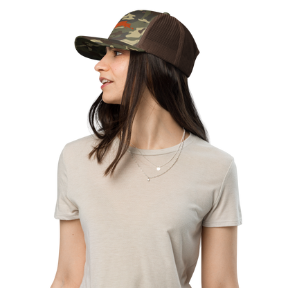 Michigan Upper Peninsula Camo Trucker Hat (w/ Orange UP Outline)