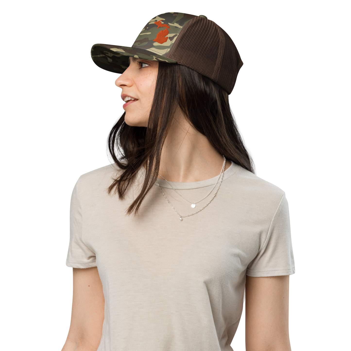 Michigan Camo Trucker Hat | Orange Outline