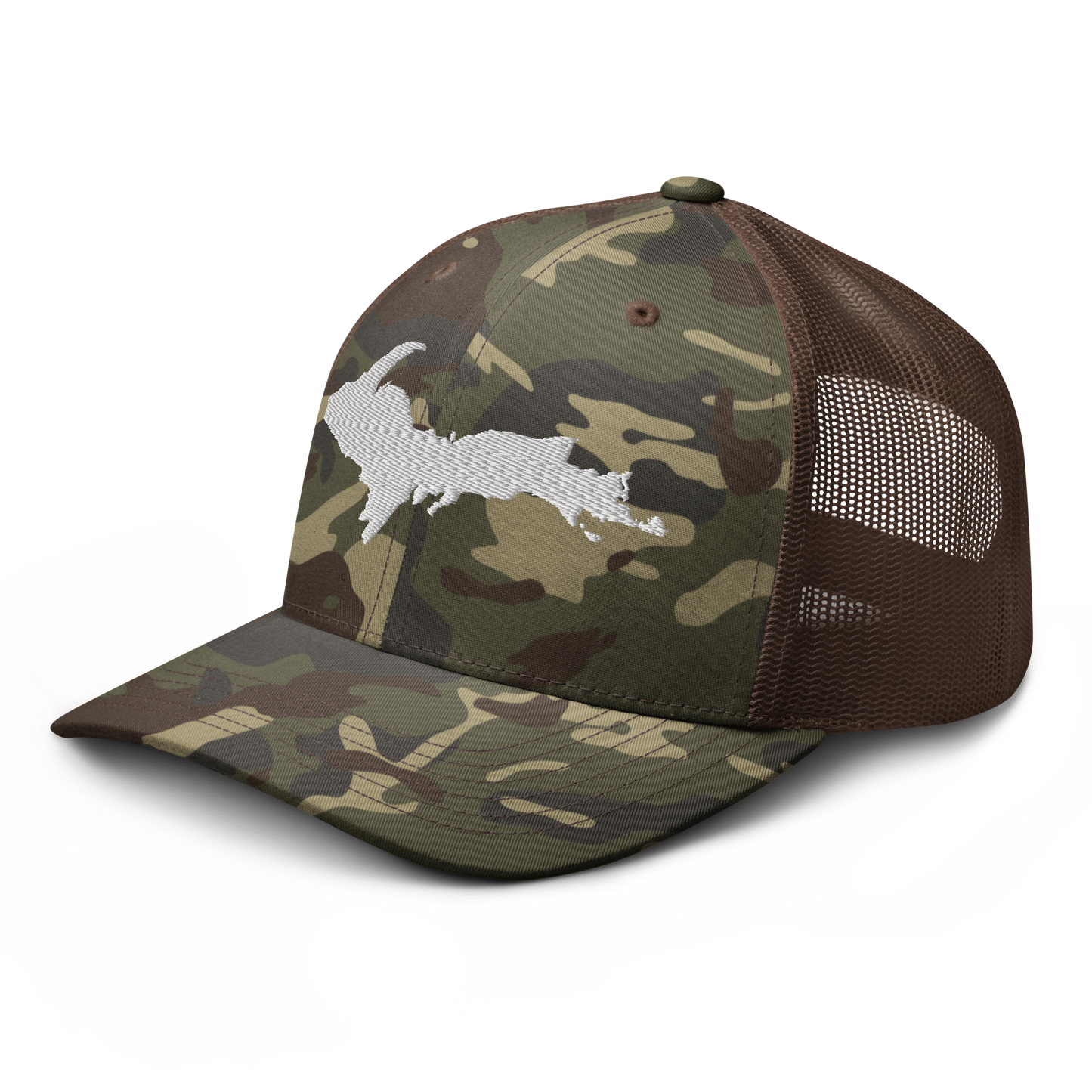 Michigan Upper Peninsula Camo Trucker Hat (w/ UP Outline)