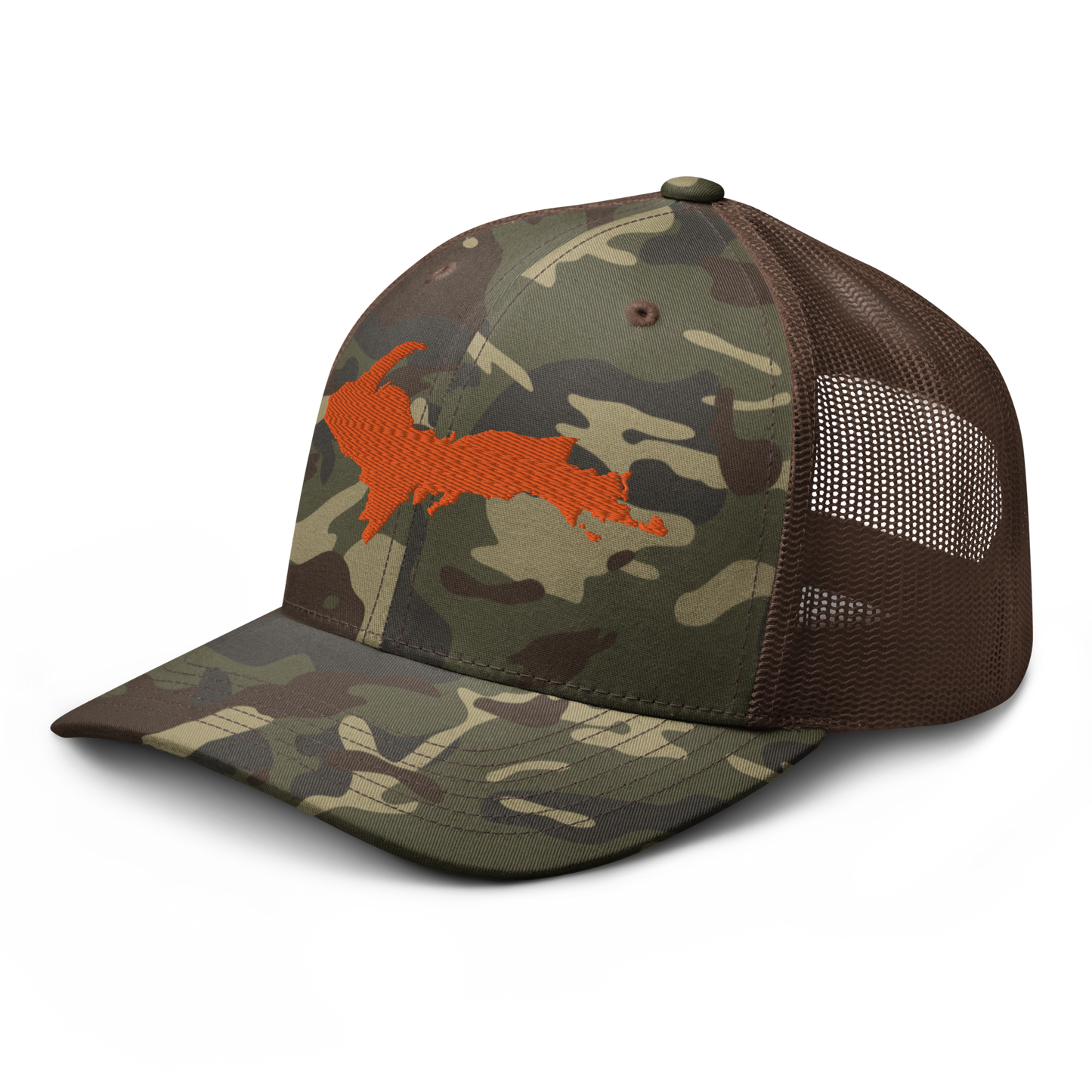 Michigan Upper Peninsula Camo Trucker Hat (w/ Orange UP Outline)